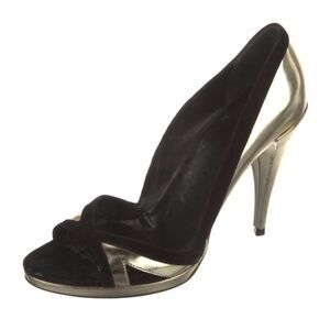 Gucci Black and Metallic Gold Open-Toe Stiletto Pump